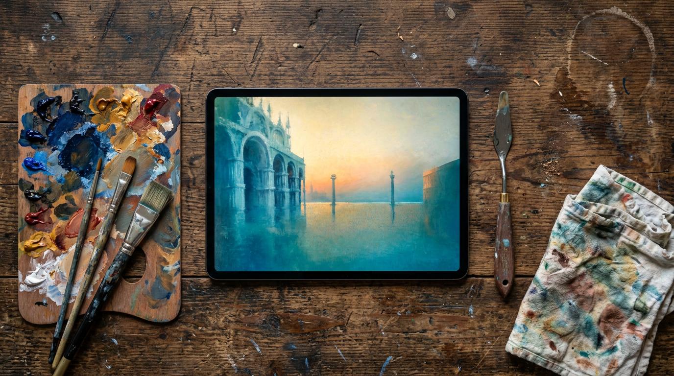 Tavolozza, pennelli e iPad con un dipinto di Davide Battistin raffigurante la piazzetta di San Marco